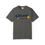 Pepper colored Chronic Retro pickleball t-shirt with vintage script lettering and multicolor retro stripe.