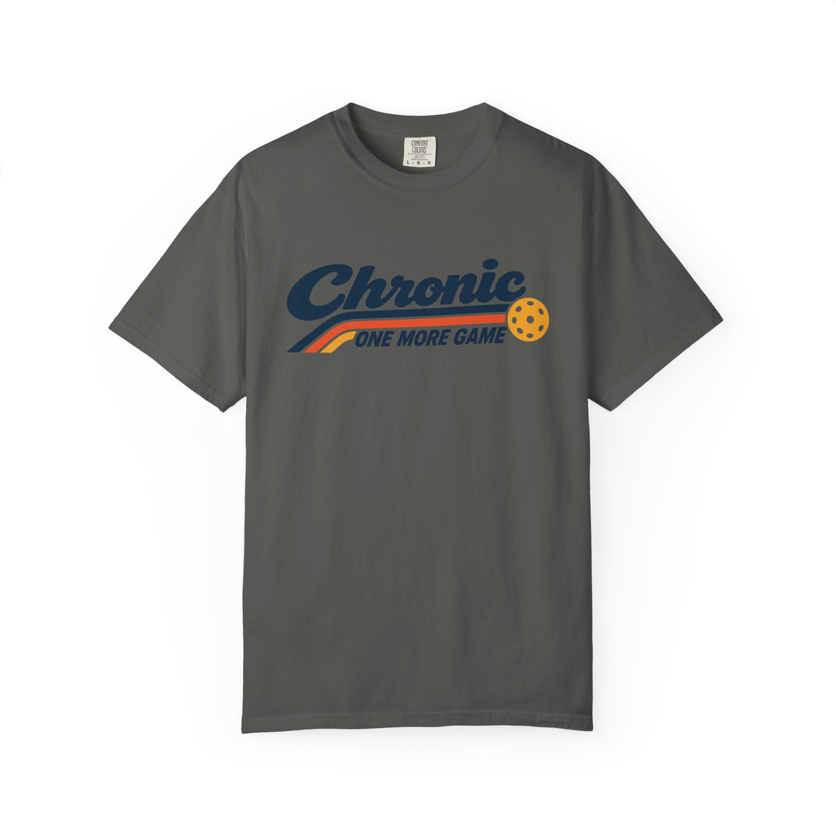 Pepper colored Chronic Retro pickleball t-shirt with vintage script lettering and multicolor retro stripe.