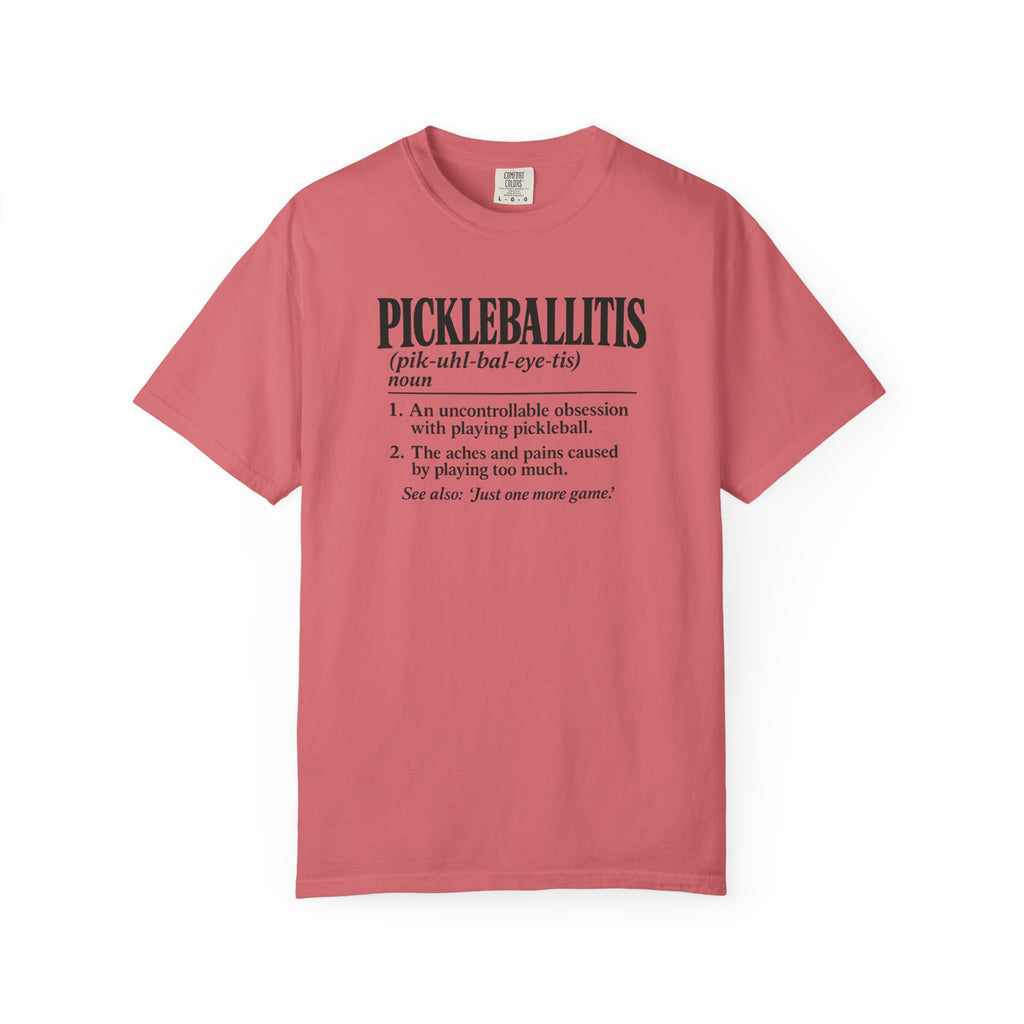 Watermelon colored Pickleballitis pickleball t-shirt with dictionary-style diagnosis typography and humorous definition.
