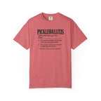 Watermelon colored Pickleballitis pickleball t-shirt with dictionary-style diagnosis typography and humorous definition.