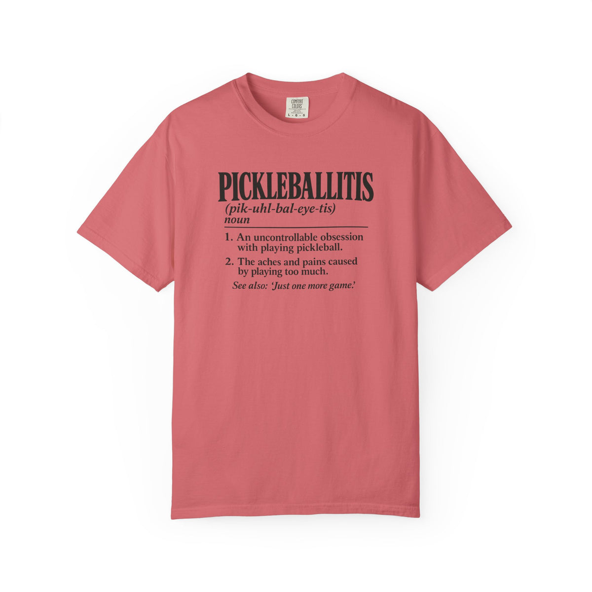 Watermelon colored Pickleballitis pickleball t-shirt with dictionary-style diagnosis typography and humorous definition.