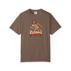 Espresso colored Paddle Kiss pickleball t-shirt with playful vintage paddle-and-pickleball character graphic.