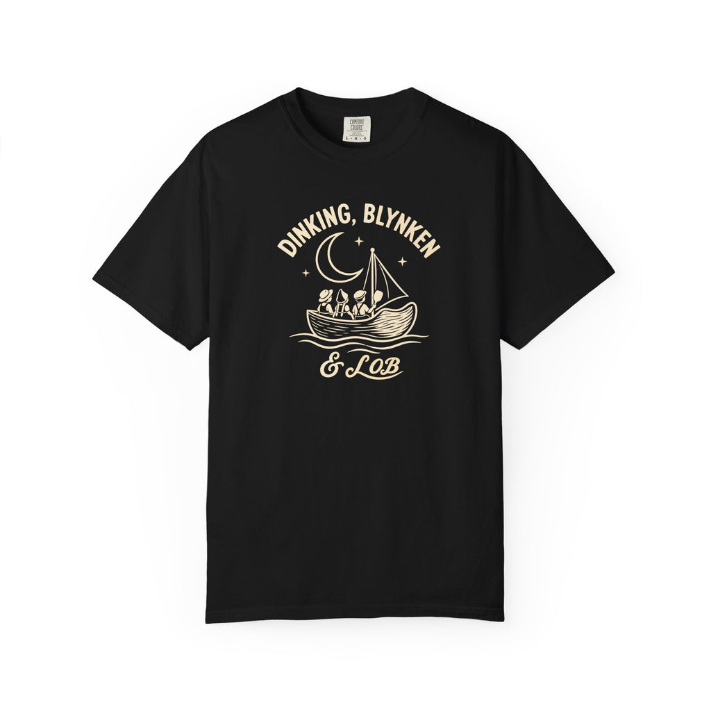 Black colored Dinking, Blynken & Lob pickleball t-shirt with vintage moon-themed illustration and curved lettering.