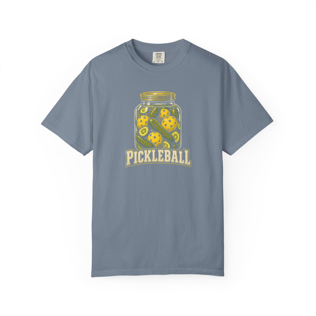 Blue-gray colored Pickleball Jar t-shirt with illustrated jar of pickleballs and bold vintage typography.
