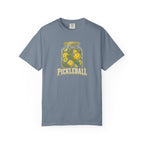 Blue-gray colored Pickleball Jar t-shirt with illustrated jar of pickleballs and bold vintage typography.