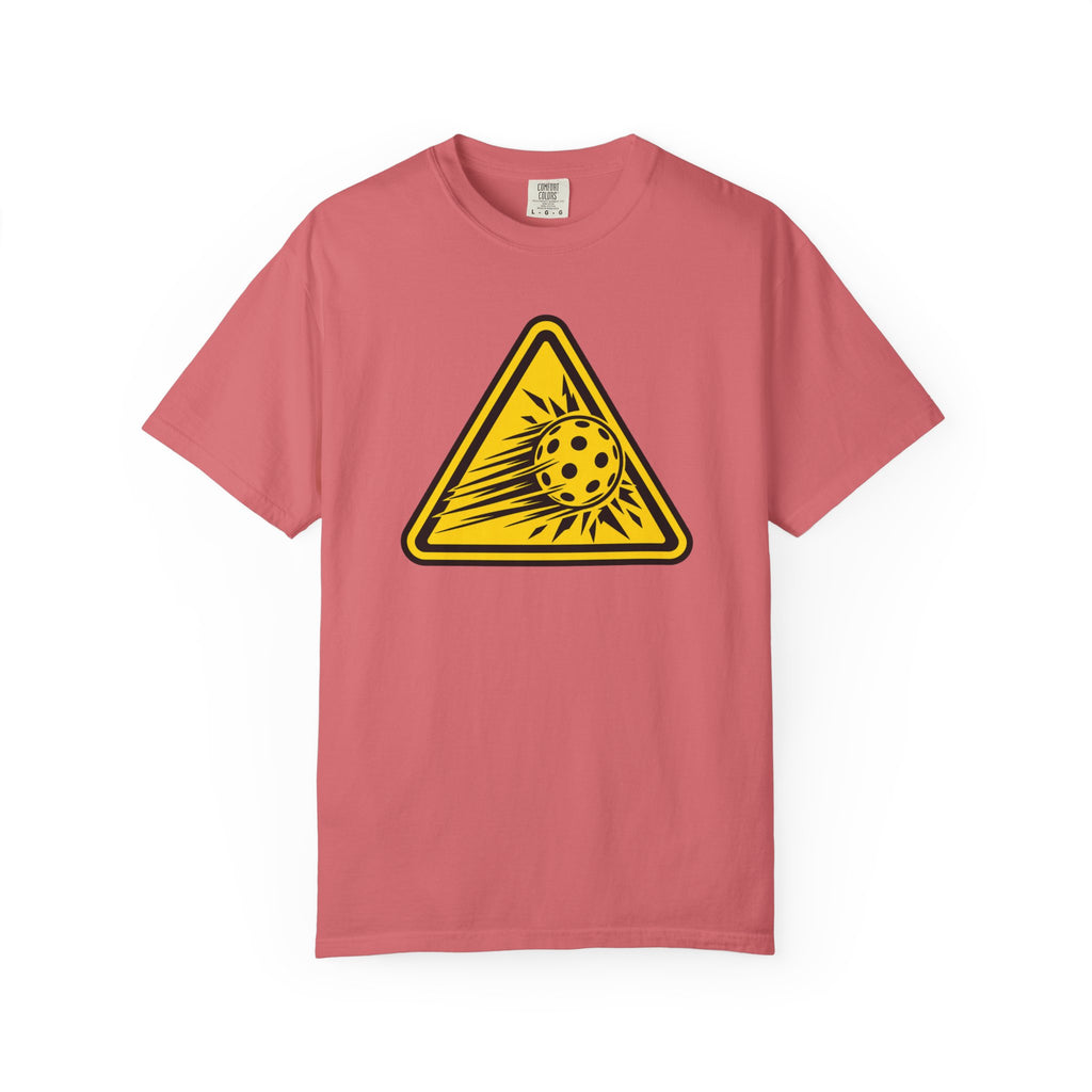 Watermelon colored Caution High Speed pickleball T-shirt with yellow speeding pickleball warning graphic