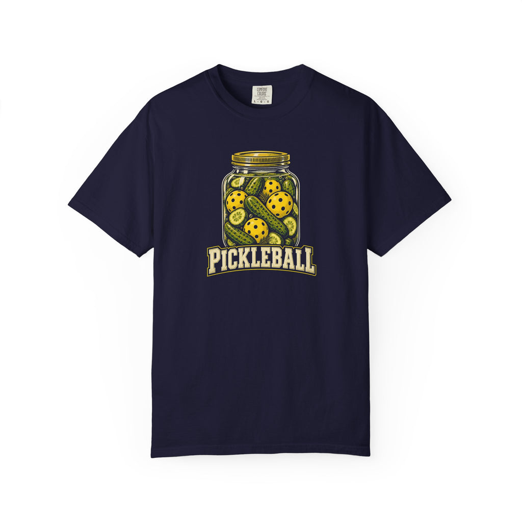 Navy colored Pickleball Jar t-shirt with illustrated jar of pickleballs and bold vintage typography.