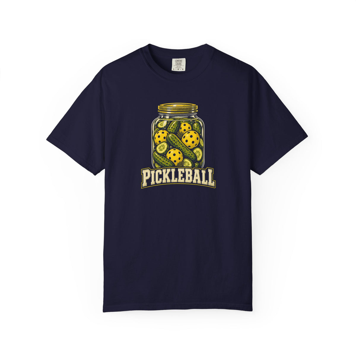 Navy colored Pickleball Jar t-shirt with illustrated jar of pickleballs and bold vintage typography.