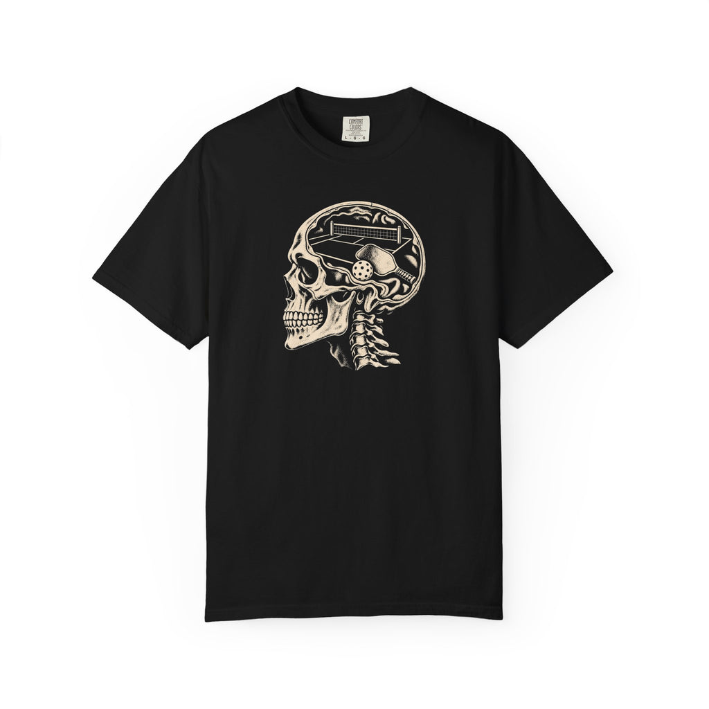 Black colored Pickleball On The Brain t-shirt with skull illustration and pickleball-themed head graphic.