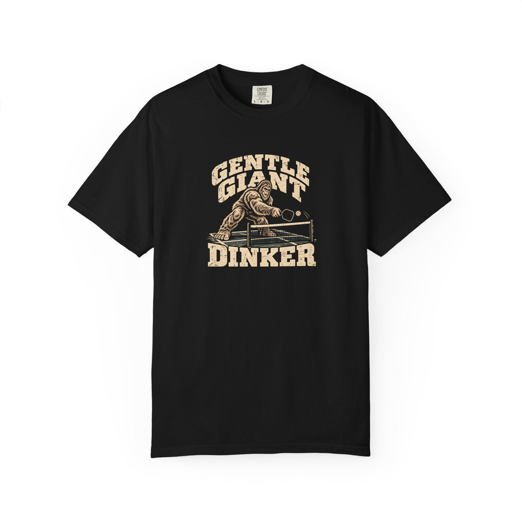 Black colored Gentle Giant pickleball t-shirt with distressed cream vintage typography.