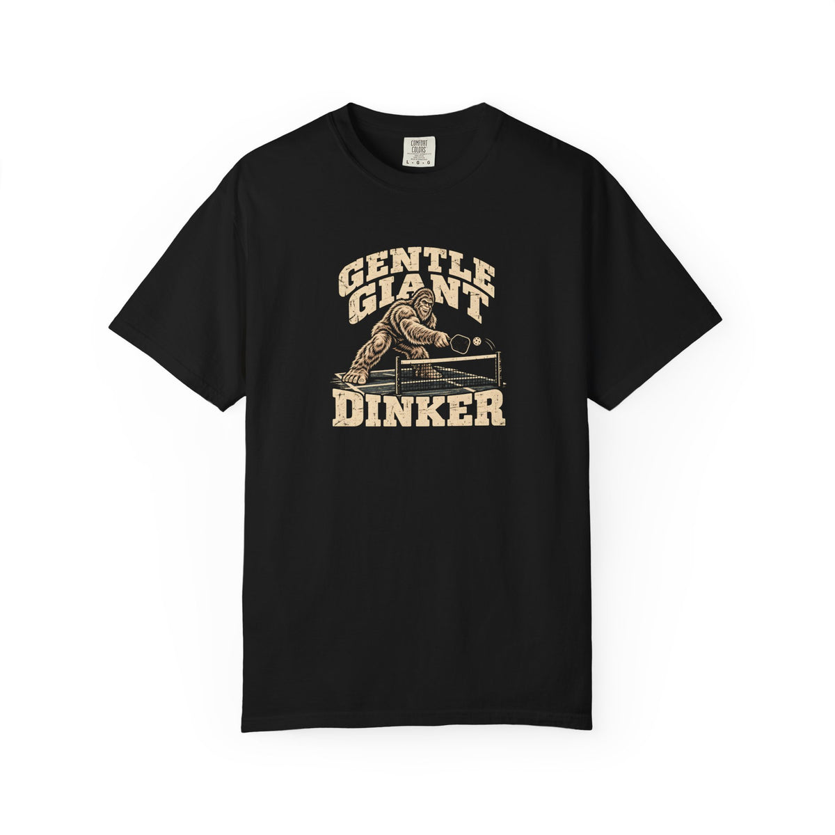 Black colored Gentle Giant pickleball t-shirt with distressed cream vintage typography.