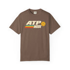 Espresso colored Retro ATP pickleball t-shirt with bold ATP lettering, retro speed stripes, and yellow pickleball accent.