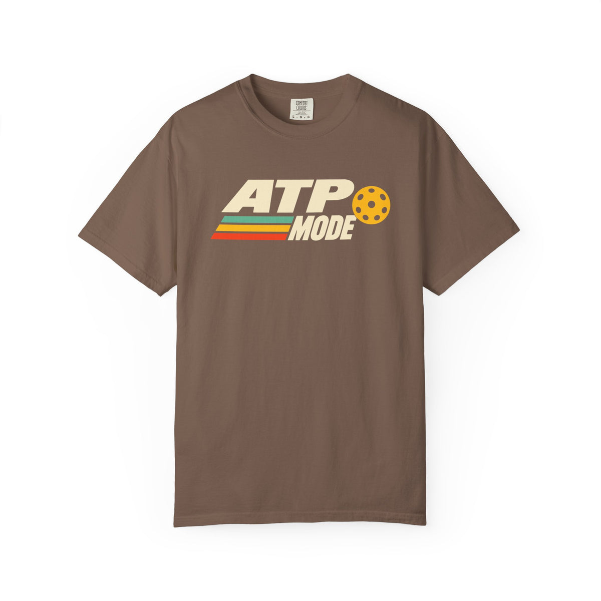 Espresso colored Retro ATP pickleball t-shirt with bold ATP lettering, retro speed stripes, and yellow pickleball accent.