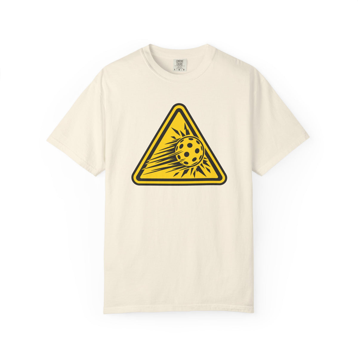 Ivory Colored Caution High Speed pickleball T-shirt with yellow speeding pickleball warning graphic