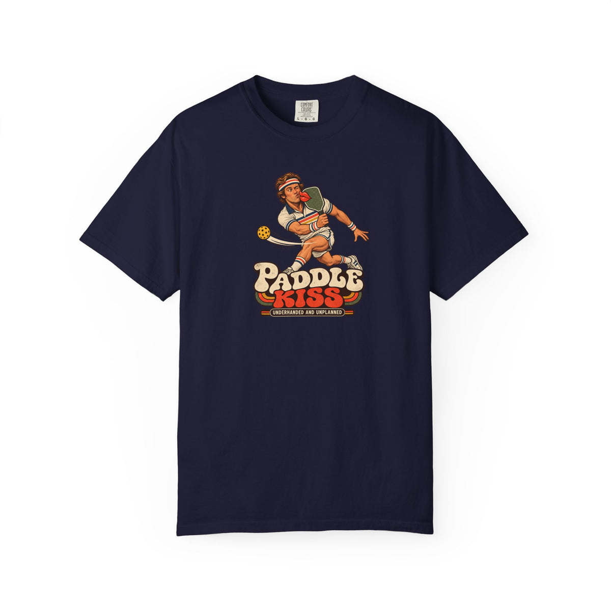 Navy colored Paddle Kiss pickleball t-shirt with playful vintage paddle-and-pickleball character graphic.