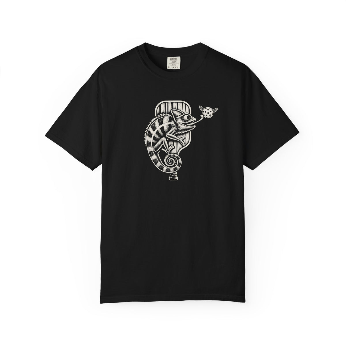 Black colored Pickleball Chameleon pickleball t-shirt with detailed chameleon and paddle-themed graphic.
