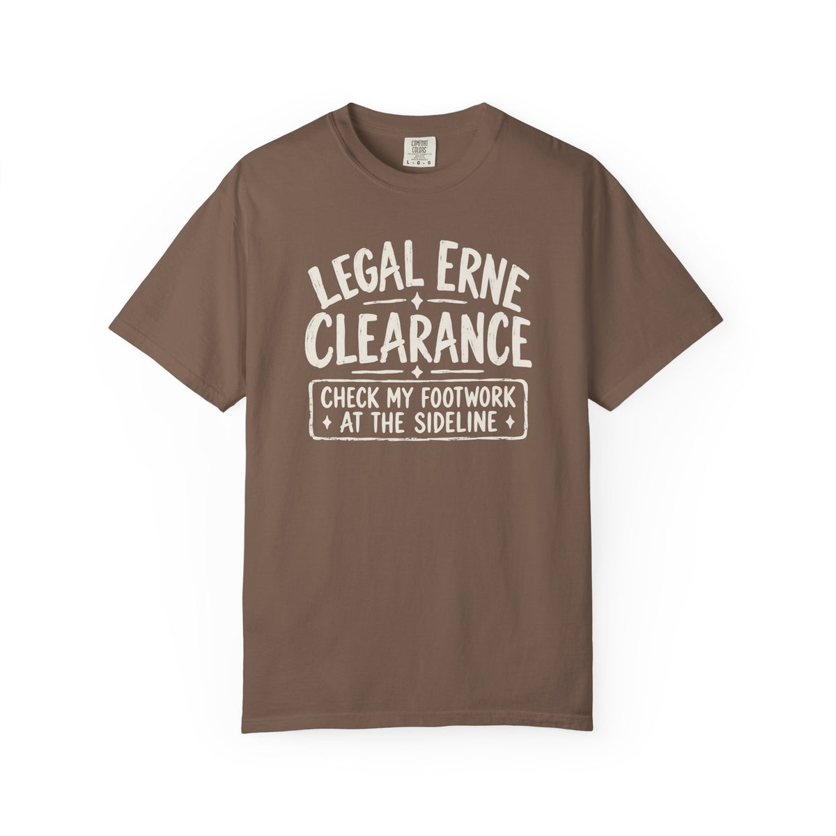 Espresso colored Legal Erne pickleball t-shirt with bold Legal Erne Clearance typography and court-line styling.