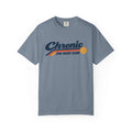 Blue-gray colored Chronic Retro pickleball t-shirt with vintage script lettering and multicolor retro stripe.