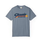 Blue-gray colored Chronic Retro pickleball t-shirt with vintage script lettering and multicolor retro stripe.