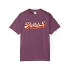 Berry colored Pickleball t-shirt with simple retro script lettering and vintage underline detail.