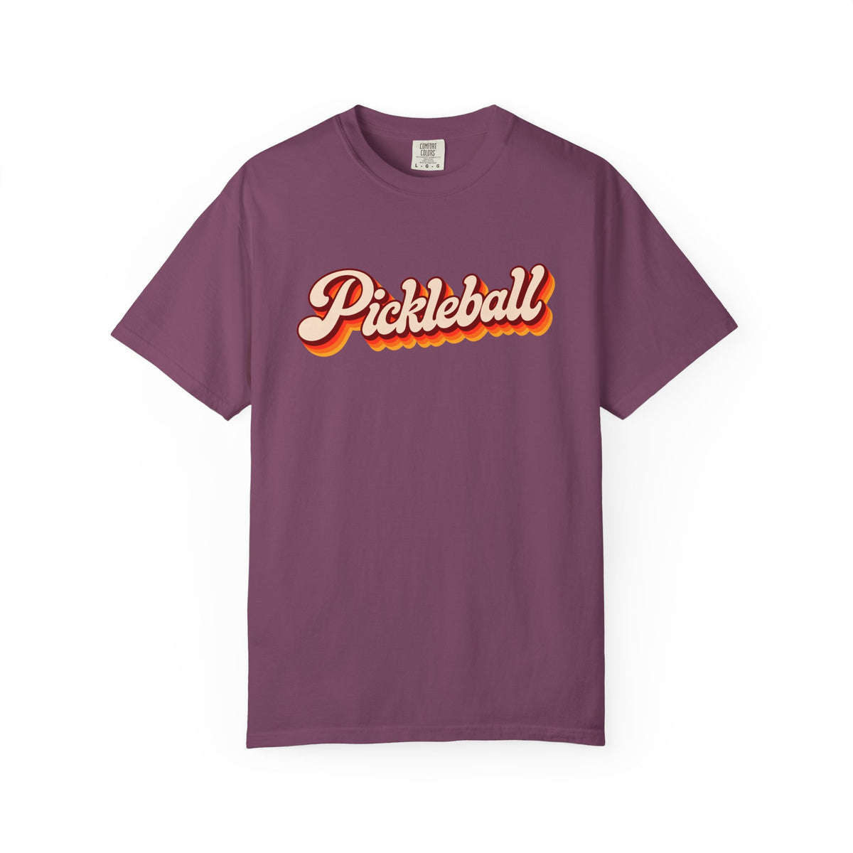 Berry colored Pickleball t-shirt with simple retro script lettering and vintage underline detail.