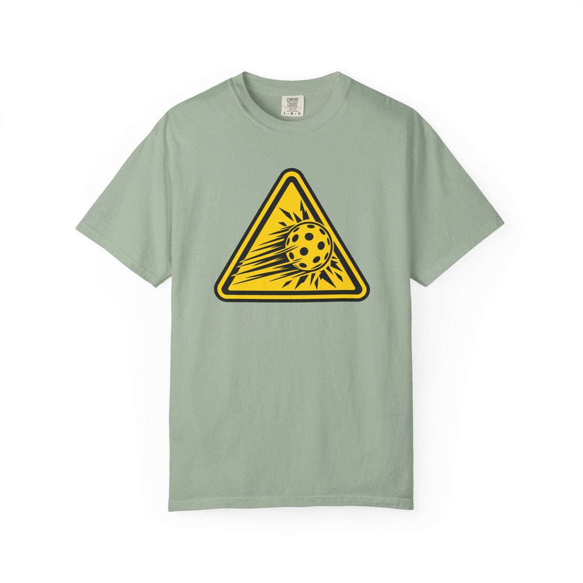 Bay colored Caution High Speed pickleball T-shirt with yellow speeding pickleball warning graphic