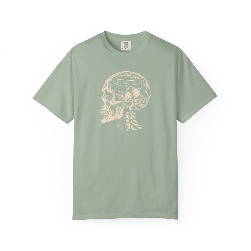 Sage colored Pickleball On The Brain t-shirt with skull illustration and pickleball-themed head graphic.
