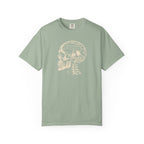 Sage colored Pickleball On The Brain t-shirt with skull illustration and pickleball-themed head graphic.