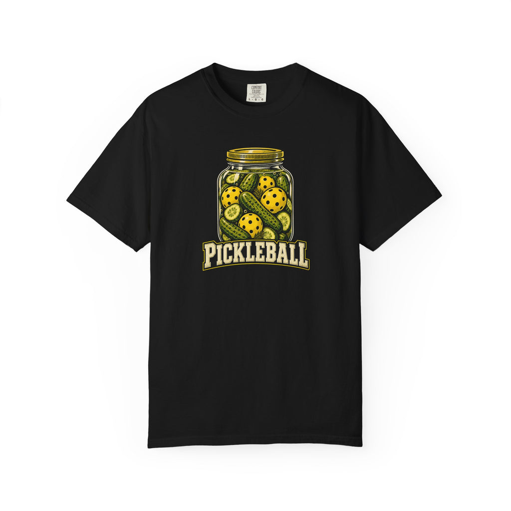 Black colored Pickleball Jar t-shirt with illustrated jar of pickleballs and bold vintage typography.
