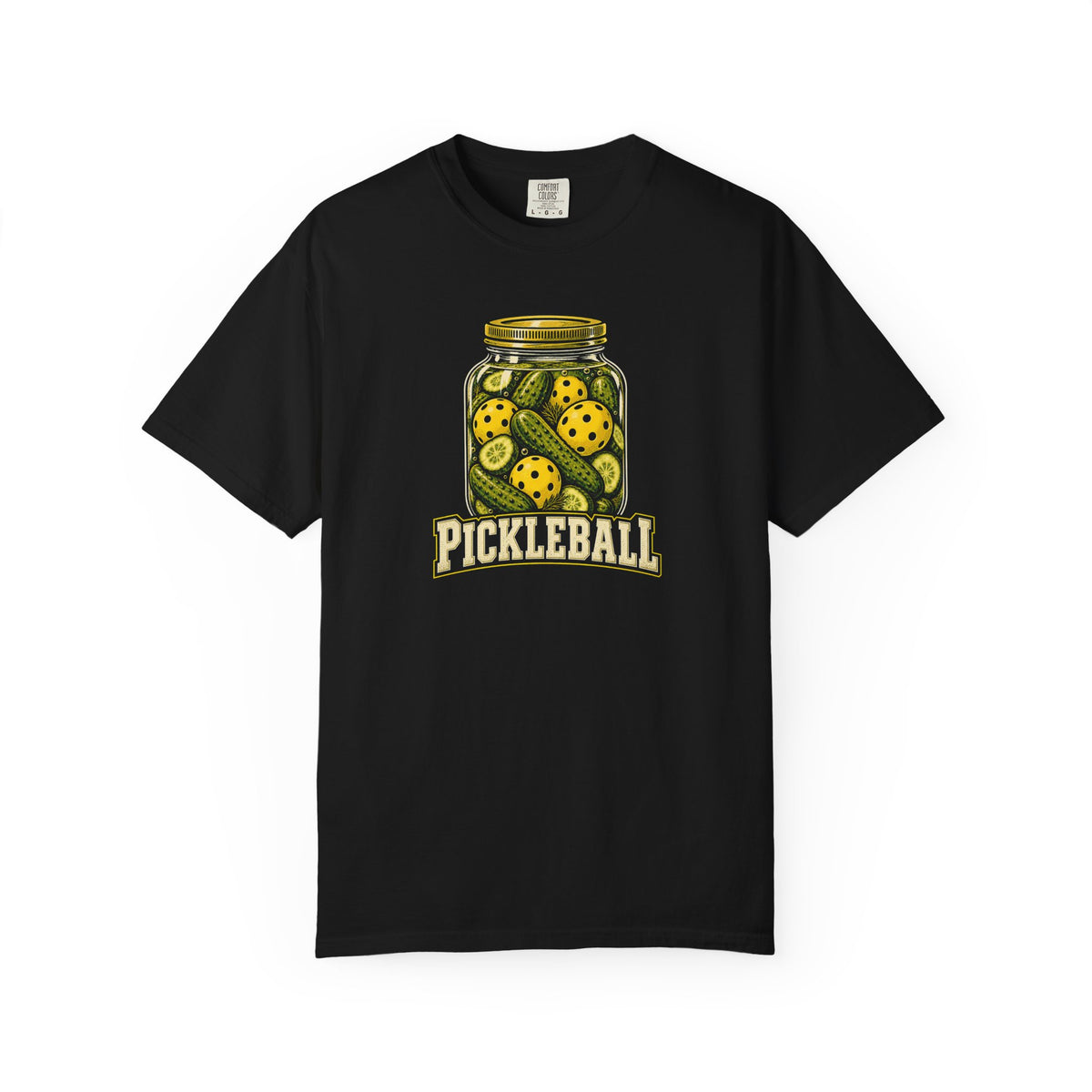 Black colored Pickleball Jar t-shirt with illustrated jar of pickleballs and bold vintage typography.