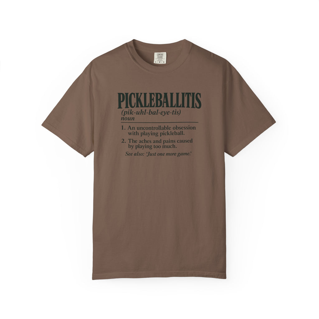 Espresso colored Pickleballitis pickleball t-shirt with dictionary-style diagnosis typography and humorous definition.