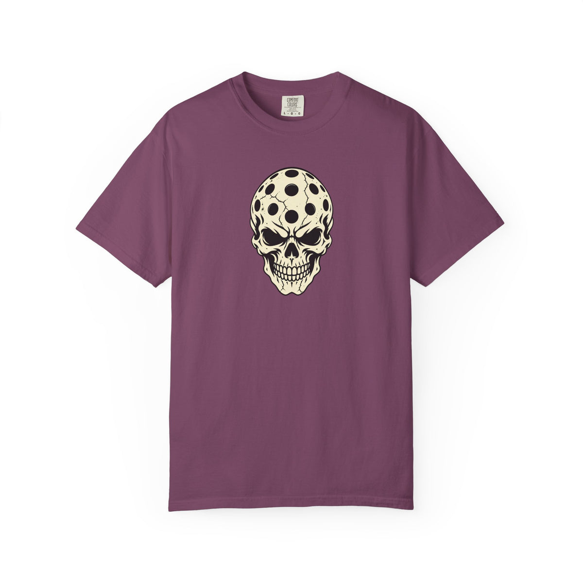 Berry colored Pickleball Skull t-shirt with skull illustration featuring perforated pickleball details.
