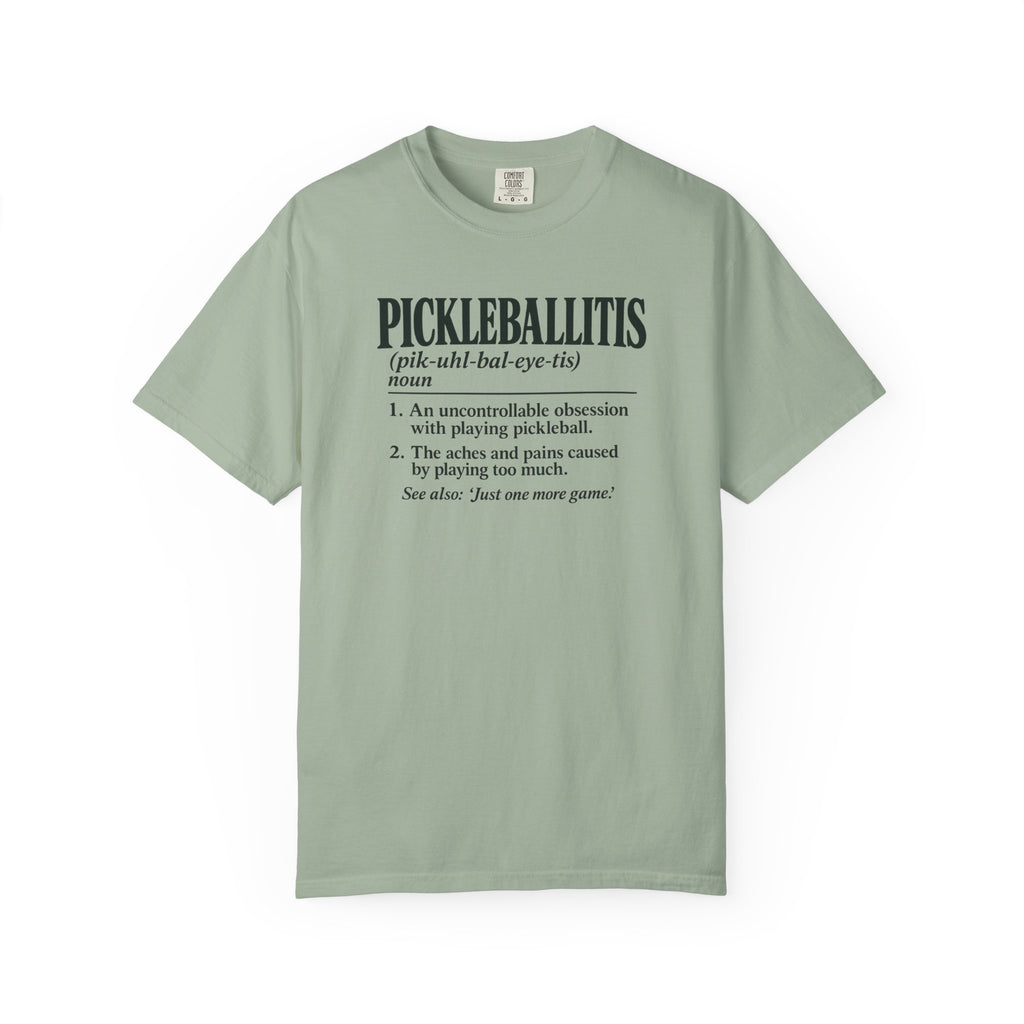 Sage colored Pickleballitis pickleball t-shirt with dictionary-style diagnosis typography and humorous definition.