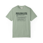 Sage colored Pickleballitis pickleball t-shirt with dictionary-style diagnosis typography and humorous definition.