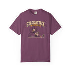Berry colored Stack Attack pickleball t-shirt with distressed cream lettering and pickleball strategy graphic.