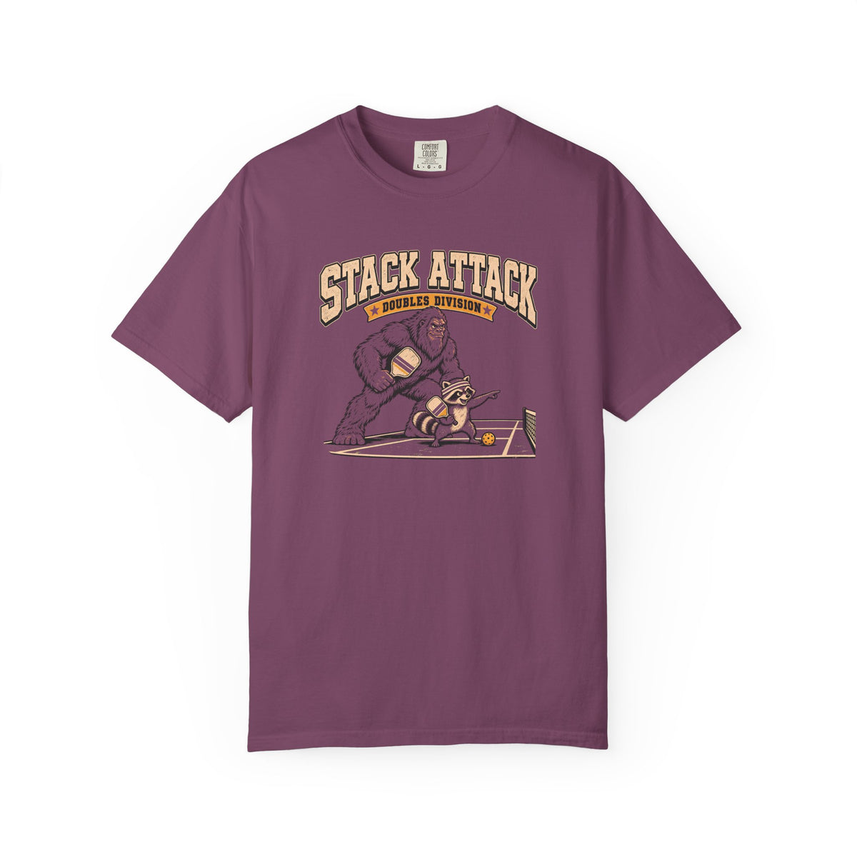 Berry colored Stack Attack pickleball t-shirt with distressed cream lettering and pickleball strategy graphic.