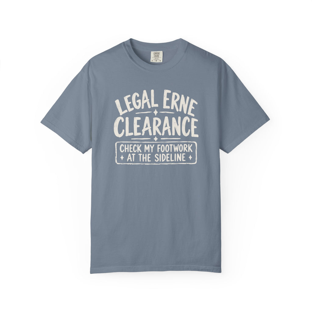Blue-gray colored Legal Erne pickleball t-shirt with bold Legal Erne Clearance typography and court-line styling.