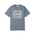 Blue-gray colored Legal Erne pickleball t-shirt with bold Legal Erne Clearance typography and court-line styling.