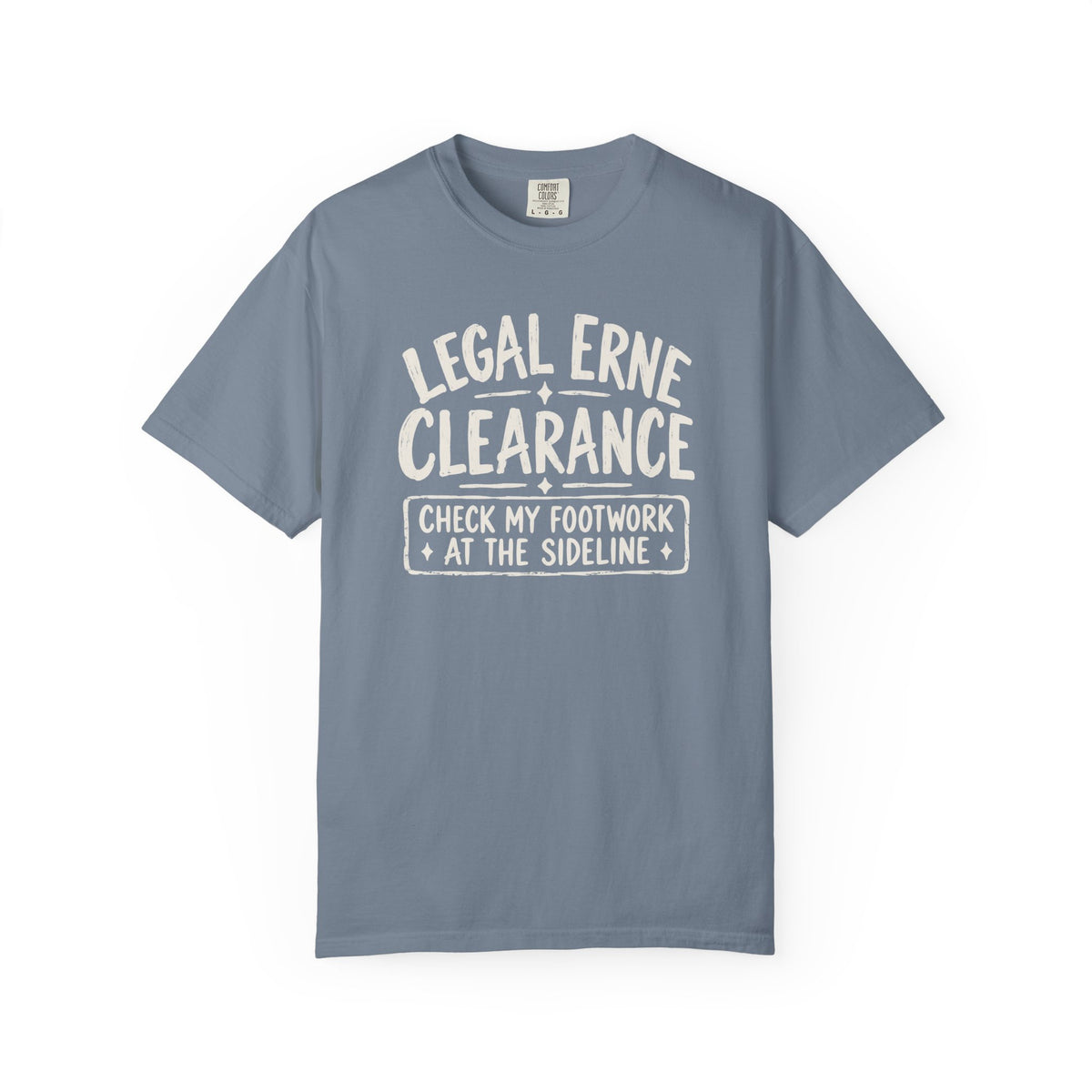 Blue-gray colored Legal Erne pickleball t-shirt with bold Legal Erne Clearance typography and court-line styling.