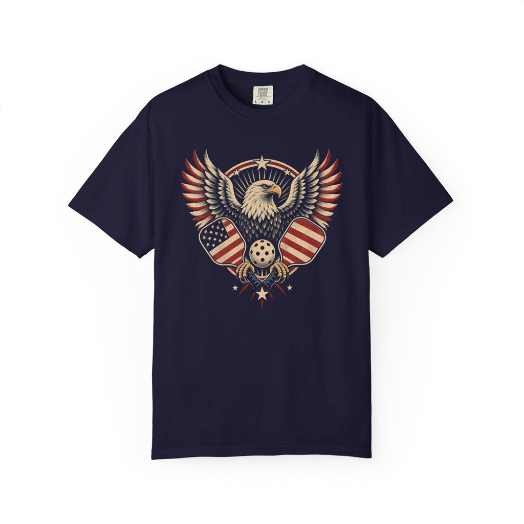 Navy colored Pickleball Eagle t-shirt with eagle emblem, spread wings, and pickleball-themed details.