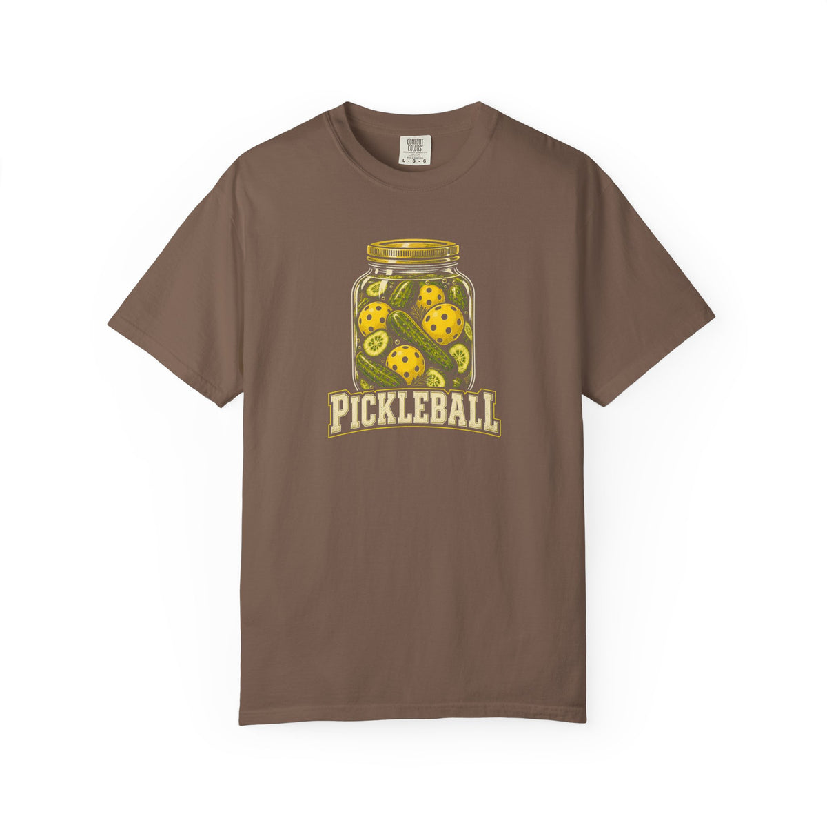 Espresso colored Pickleball Jar t-shirt with illustrated jar of pickleballs and bold vintage typography.