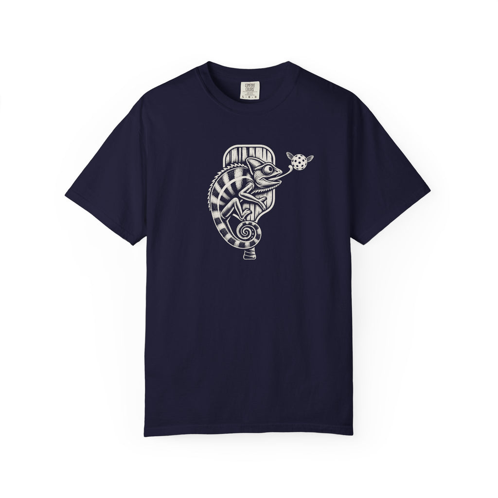 Navy colored Pickleball Chameleon pickleball t-shirt with detailed chameleon and paddle-themed graphic.