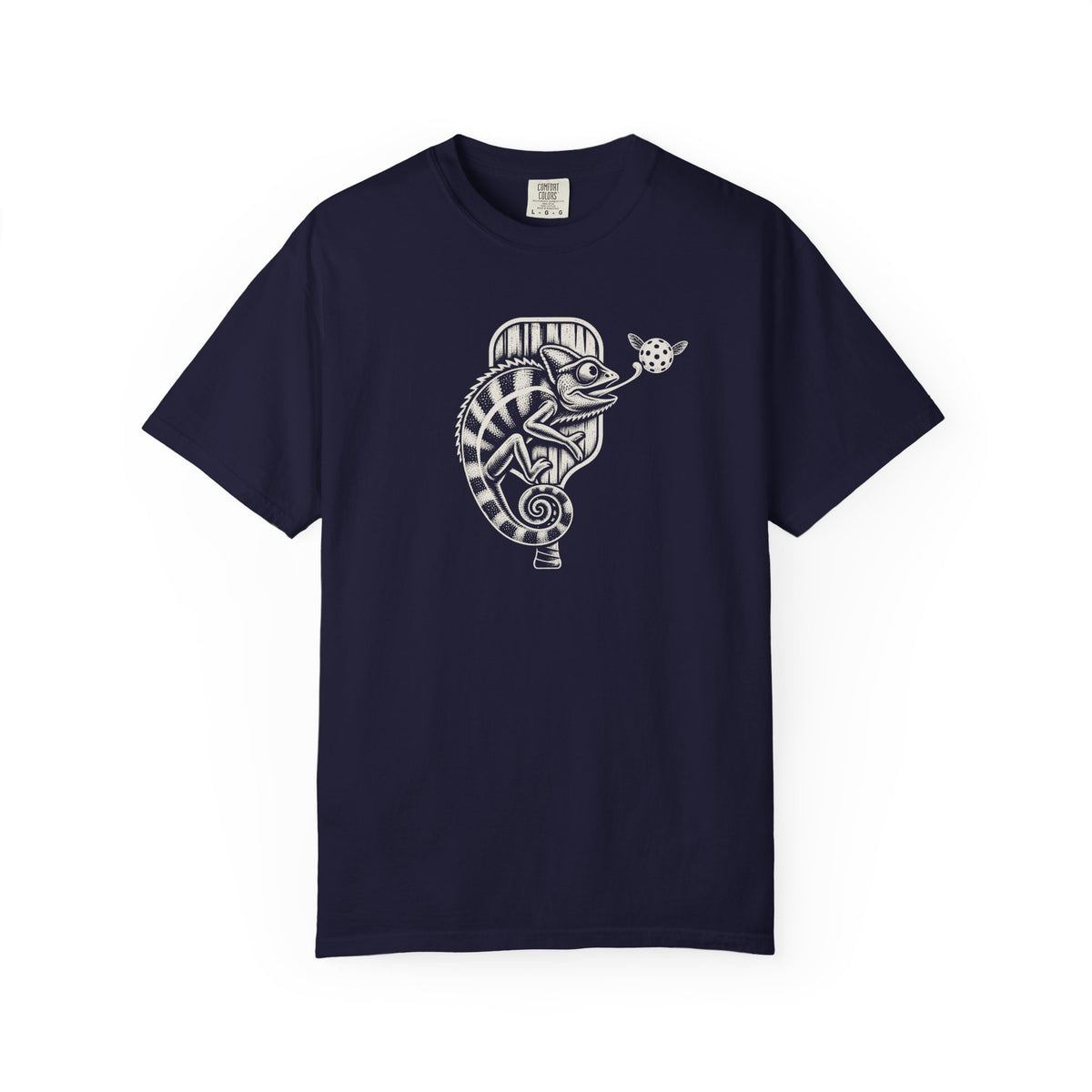 Navy colored Pickleball Chameleon pickleball t-shirt with detailed chameleon and paddle-themed graphic.