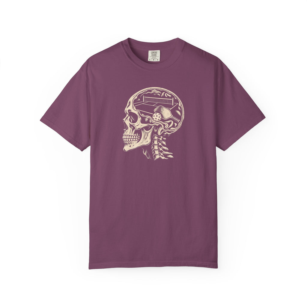 Berry colored Pickleball On The Brain t-shirt with skull illustration and pickleball-themed head graphic.