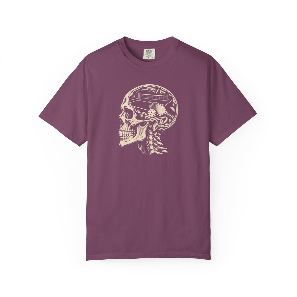 Berry colored Pickleball On The Brain t-shirt with skull illustration and pickleball-themed head graphic.