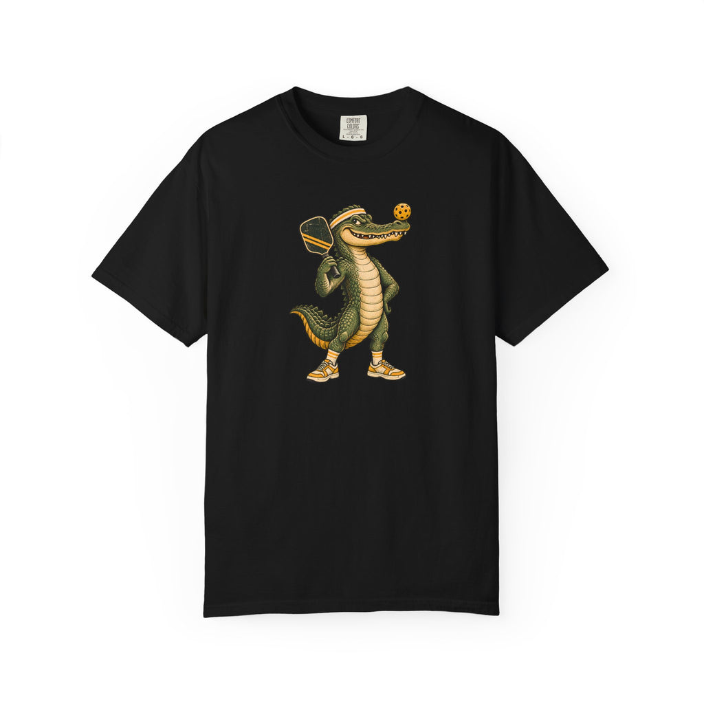 Black colored Pickleball Gator pickleball t-shirt with cartoon alligator player holding a paddle.