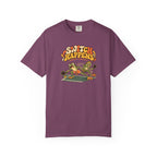 Berry colored Switch Happens pickleball t-shirt with colorful retro court graphic and bold curved lettering.
