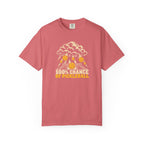 Watermelon colored Chance Of Pickleball t-shirt with weather-forecast-inspired graphic and yellow retro lettering.