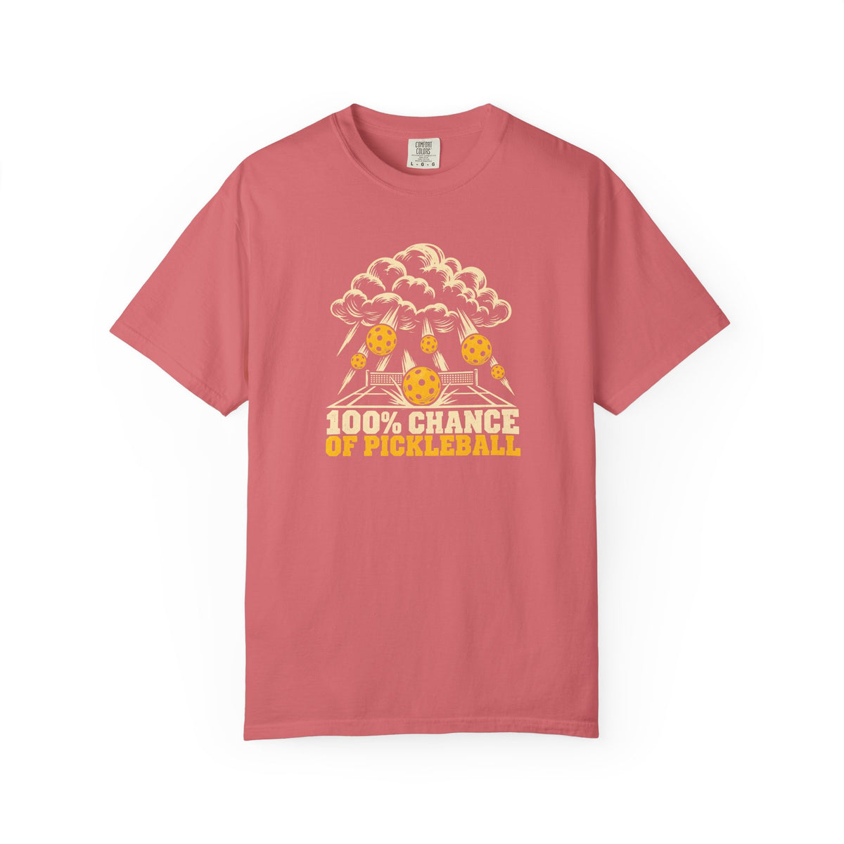 Watermelon colored Chance Of Pickleball t-shirt with weather-forecast-inspired graphic and yellow retro lettering.