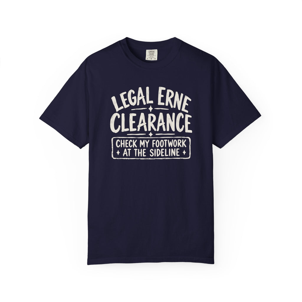 Navy colored Legal Erne pickleball t-shirt with bold Legal Erne Clearance typography and court-line styling.